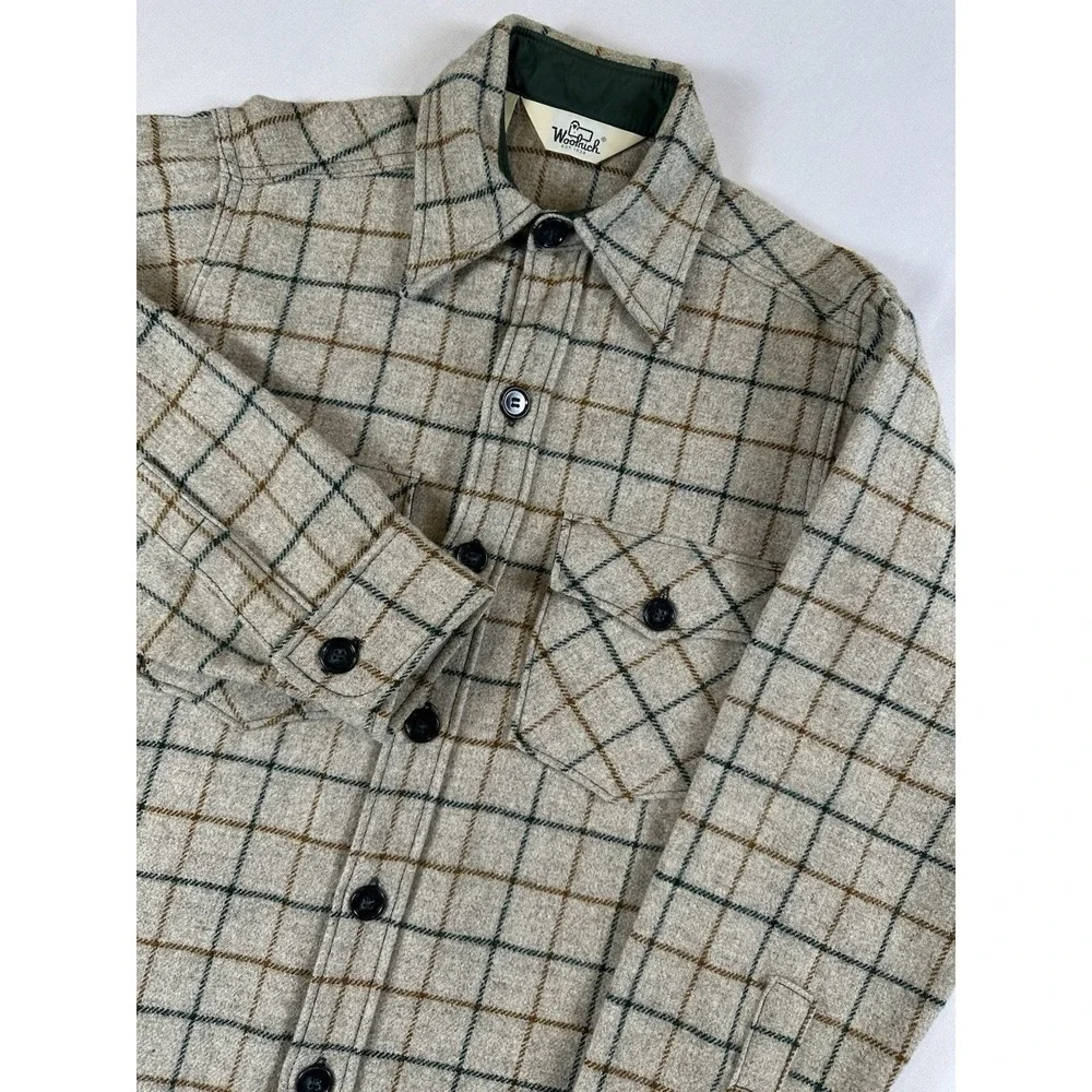 Vtg WOOLRICH Wool Shacket Shirt Jacket Heavy Plaid Tan Brown Green Overshirt Med